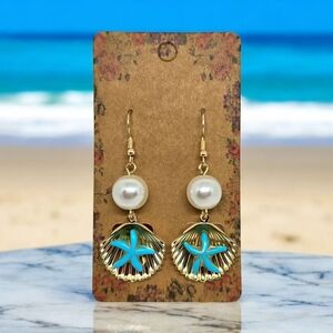 NEW Women's Beach Starfish Shell Gold and Blue‎ Summer Fashion Earrings